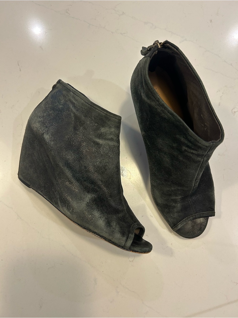 Nine West womenโs wedge open toe bootie. Leather.